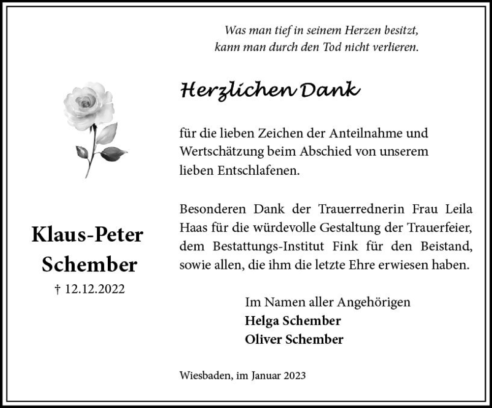  Traueranzeige für Klaus-Peter Schember vom 07.01.2023 aus vrm-trauer Wiesbadener Kurier