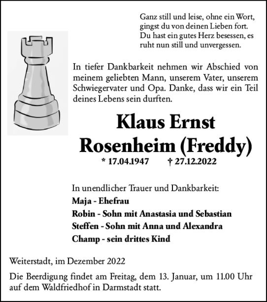  Traueranzeige für Klaus Ernst Rosenheim vom 07.01.2023 aus vrm-trauer Darmstädter Echo