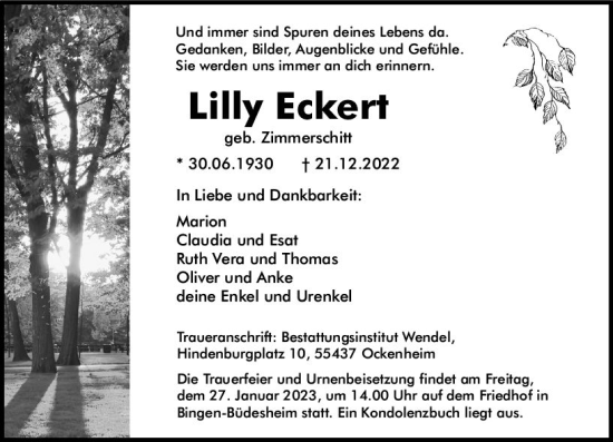 Traueranzeige von Lilly Eckert von vrm-trauer Allgemeine  Zeitung Ingelheim-Bingen