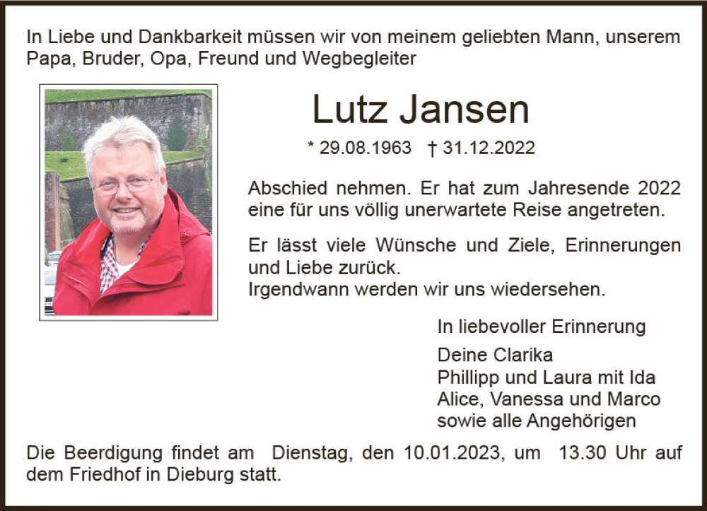  Traueranzeige für Lutz Jansen vom 07.01.2023 aus vrm-trauer DieburgerAnzeiger/Groß-Zimmerner Lokala