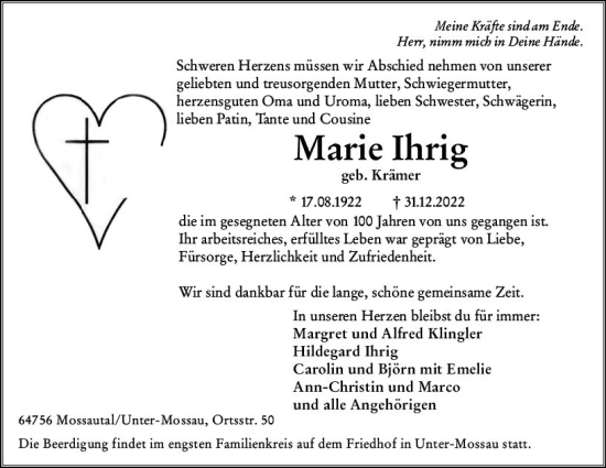 Traueranzeige von Marie Ihrig von vrm-trauer Odenwälder Echo