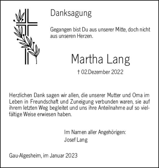 Traueranzeige von Martha Lang von vrm-trauer Allgemeine  Zeitung Ingelheim-Bingen