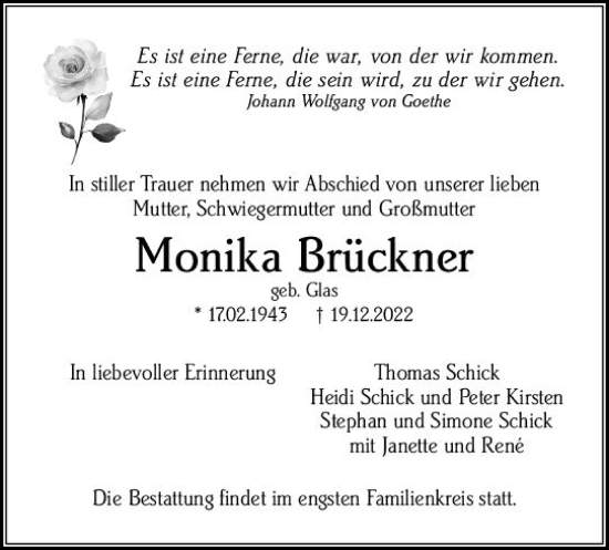 Traueranzeige von Monika Brückner von vrm-trauer Wiesbadener Kurier