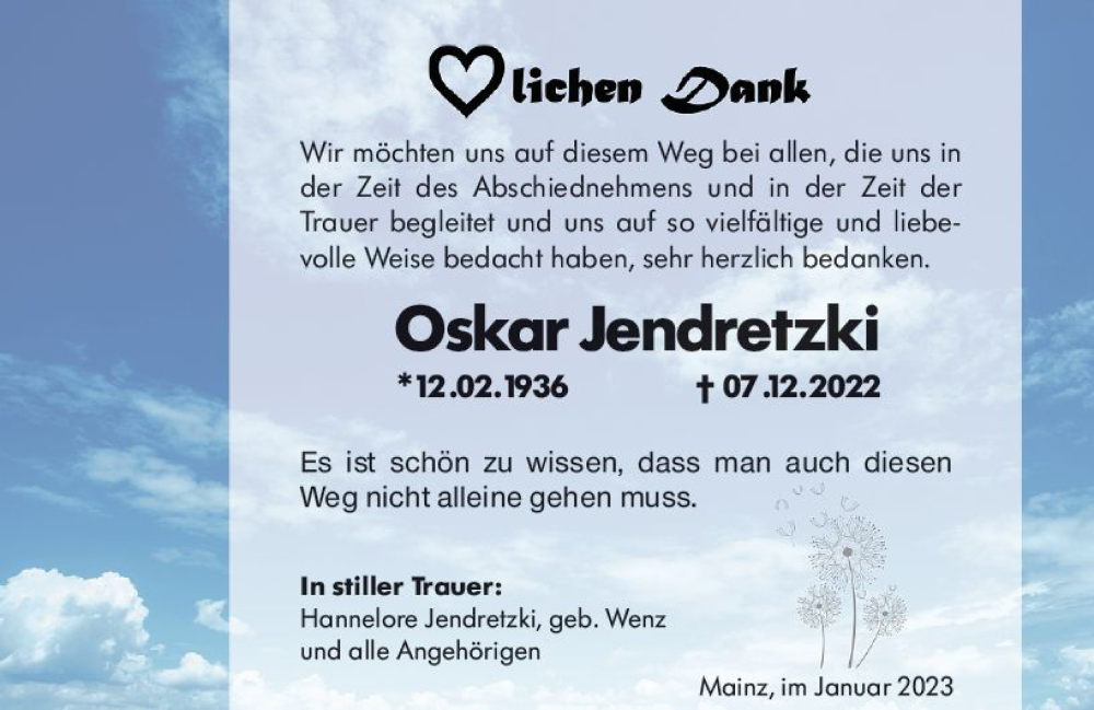  Traueranzeige für Oskar Jendretzki vom 10.01.2023 aus vrm-trauer AZ Mainz