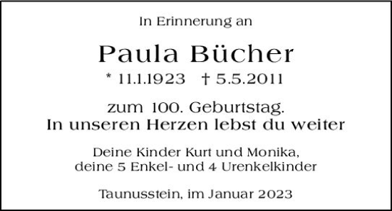Traueranzeige von Paula Bücher von vrm-trauer Idstein / Untertaunus