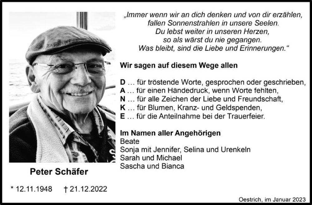  Traueranzeige für Peter Schäfer vom 07.01.2023 aus vrm-trauer Rheingau