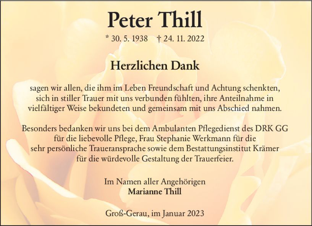  Traueranzeige für Peter Thill vom 07.01.2023 aus vrm-trauer Groß-Gerauer Echo