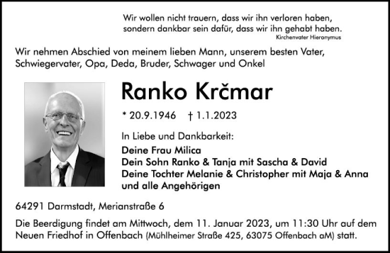 Traueranzeige von Ranko Krcmar von vrm-trauer Darmstädter Echo