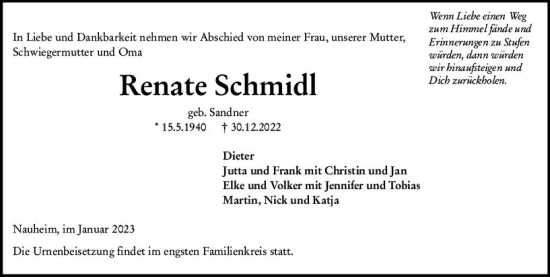 Traueranzeige von Renate Schmidl von vrm-trauer Rüsselsheimer Echo / MainSpitze