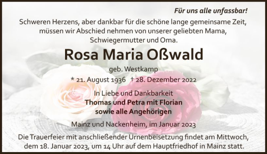 Traueranzeige von Rosa Maria Oßwald von vrm-trauer AZ Mainz