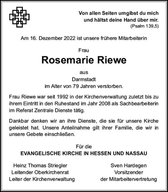 Traueranzeige von Rosemarie Riewe von vrm-trauer Darmstädter Echo