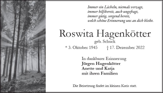 Traueranzeige von Roswita Hagenkötter von vrm-trauer Idstein / Untertaunus