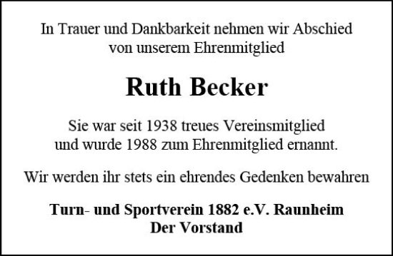 Traueranzeige von Ruth Becker von vrm-trauer Rüsselsheimer Echo / MainSpitze