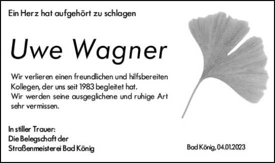Traueranzeige von Uwe Wagner von vrm-trauer Odenwälder Echo