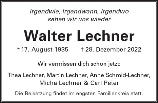 Traueranzeige von Walter Lechner von vrm-trauer Wiesbadener Kurier