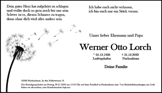 Traueranzeige von Werner Otto Lorch von vrm-trauer AZ Mainz