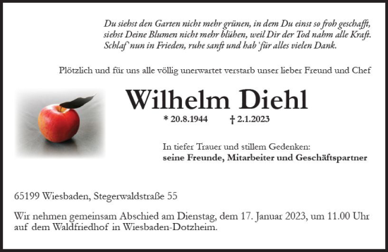Traueranzeige von Wilhelm Diehl von vrm-trauer Wiesbadener Kurier
