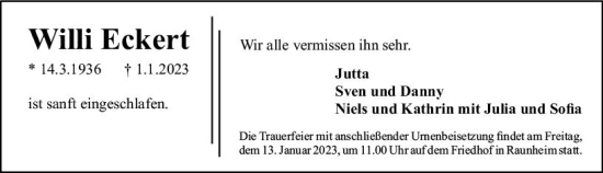 Traueranzeige von Willi Eckert von vrm-trauer Rüsselsheimer Echo / MainSpitze