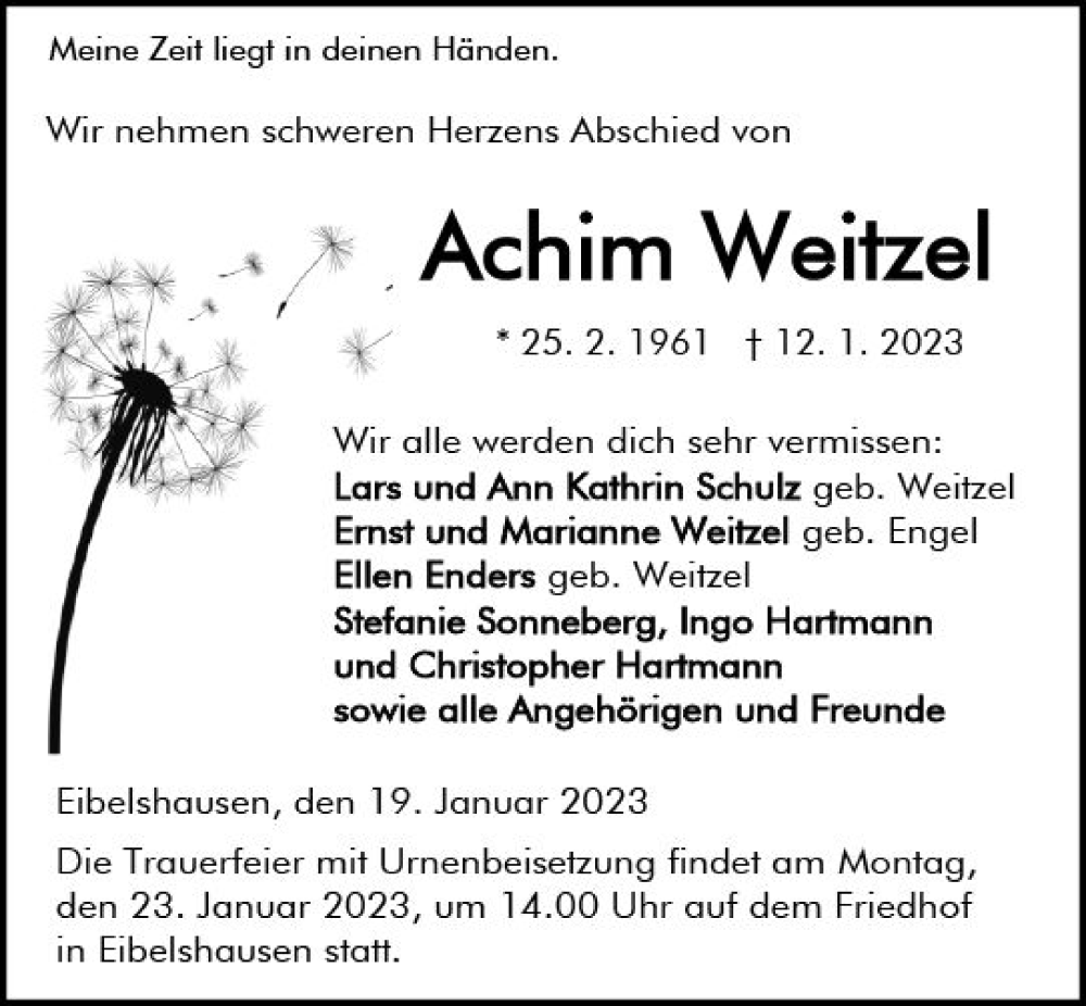  Traueranzeige für Achim Weitzel vom 19.01.2023 aus Dill Block