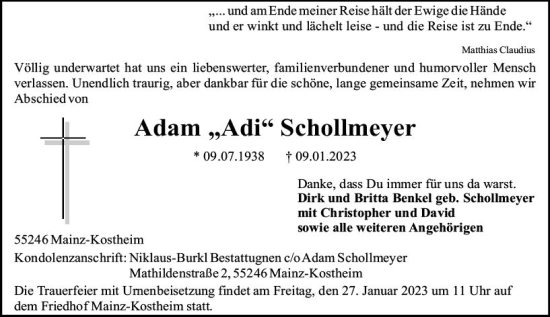 Traueranzeige von Adam Schollmeyer von Allgemeine Zeitung Mainz