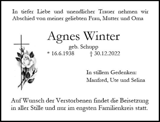 Traueranzeige von Agnes Winter von Darmstädter Echo