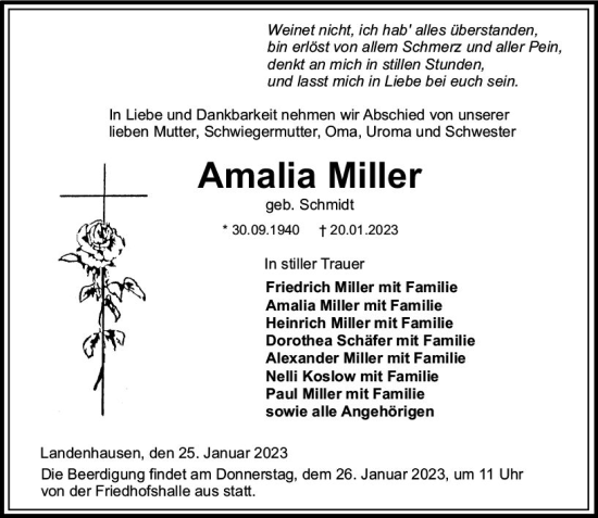 Traueranzeige von Amalia Miller von VRM Trauer