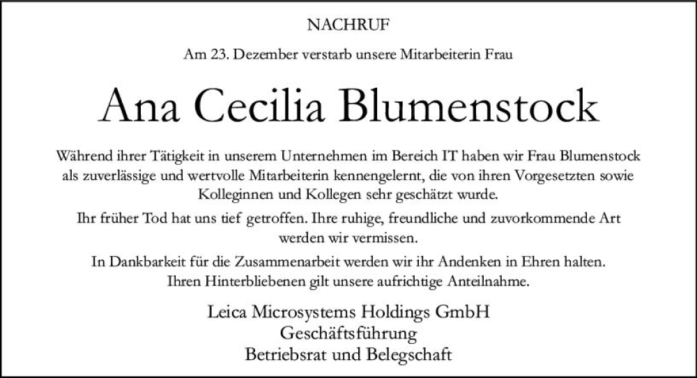  Traueranzeige für Ana Cecilia Blumenstock vom 28.01.2023 aus Wetzlarer Neue Zeitung