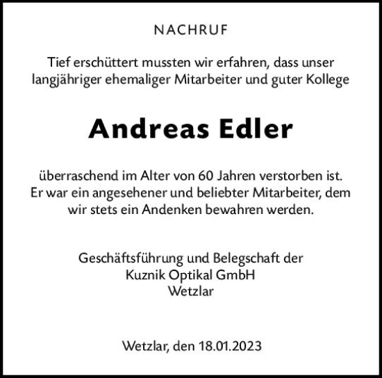 Traueranzeige von Andreas Edler von Wetzlarer Neue Zeitung