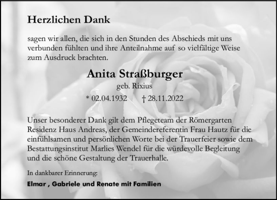 Traueranzeige von Anita Straßburger von Bingen/Ingelheim Wochenblatt inkl. NBZ