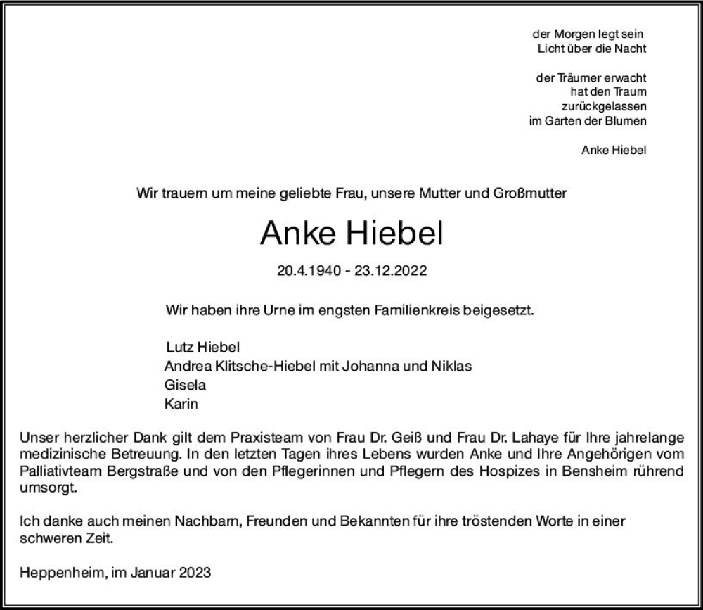  Traueranzeige für Anke Hiebel vom 21.01.2023 aus Starkenburger Echo