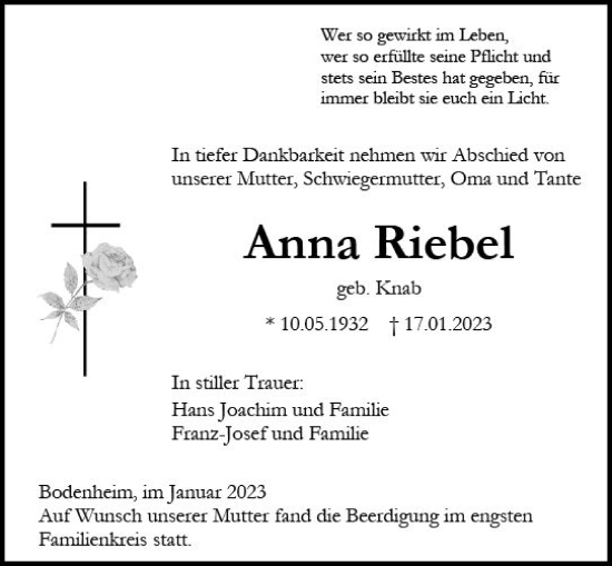 Traueranzeige von Anna Riebel von Allgemeine Zeitung Mainz