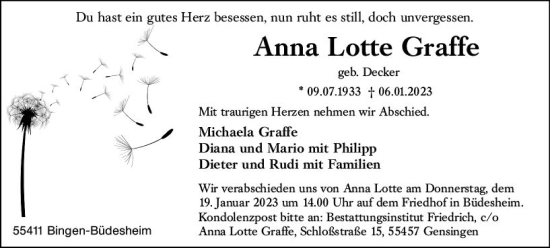 Traueranzeige von Anna Lotte Graffe von Bingen/Ingelheim Wochenblatt inkl. NBZ