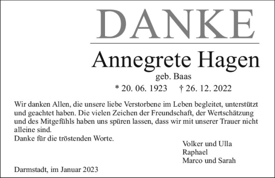 Traueranzeige von Annegrete Hagen von Darmstädter Echo