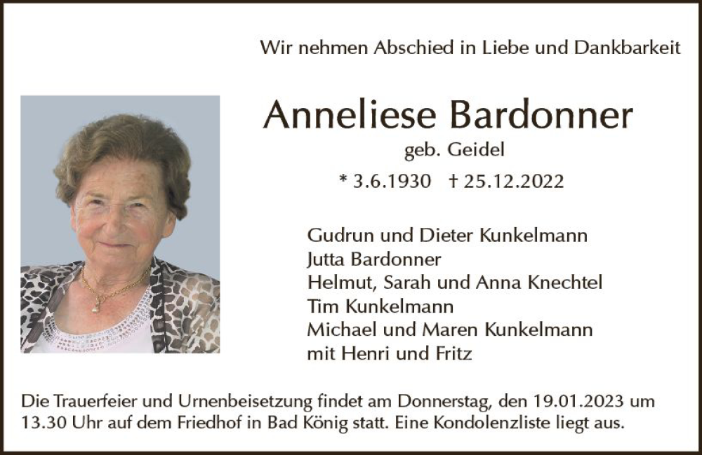  Traueranzeige für Anneliese Bardonner vom 14.01.2023 aus Odenwälder Echo