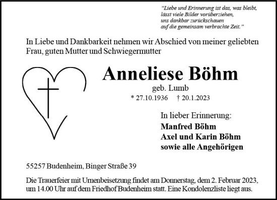 Traueranzeige von Anneliese Böhm von Allgemeine Zeitung Mainz