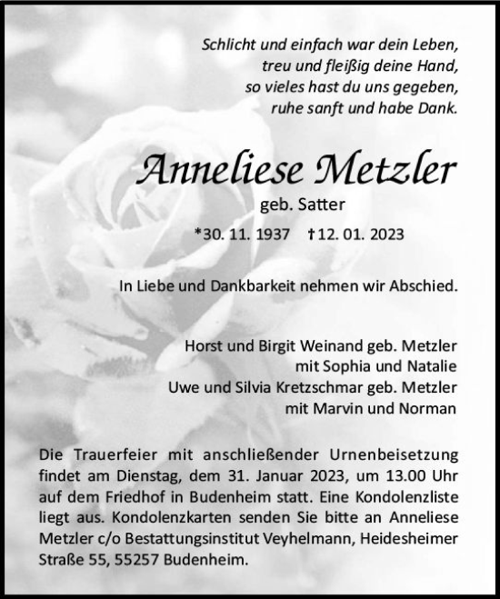 Traueranzeige von Anneliese Metzler von Allgemeine Zeitung Mainz