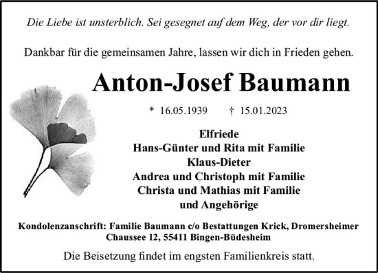 Traueranzeige von Anton-Josef Baumann von Allgemeine Zeitung Ingelheim-Bingen
