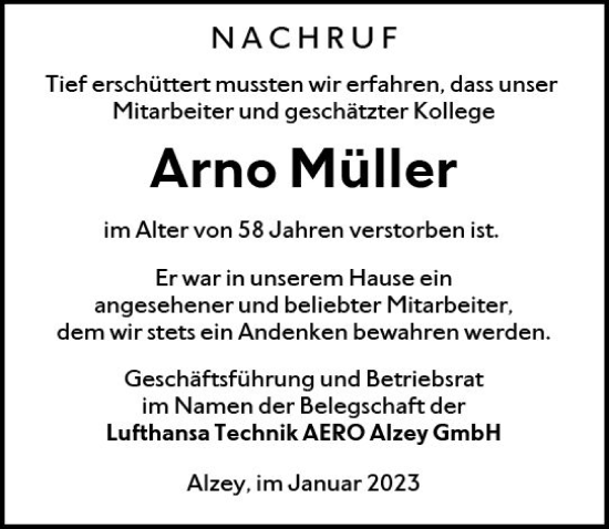 Traueranzeige von Arno Müller von Allgemeine Zeitung Alzey