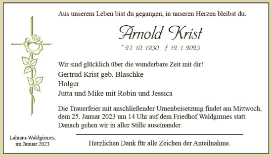 Traueranzeige von Arnold Krist von Wetzlarer Neue Zeitung