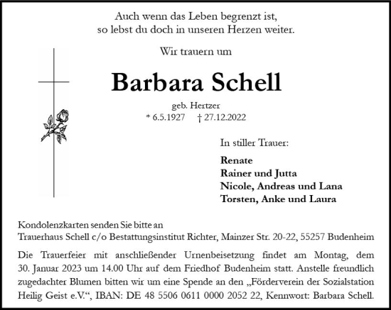 Traueranzeige von Barbara Schell von Allgemeine Zeitung Mainz