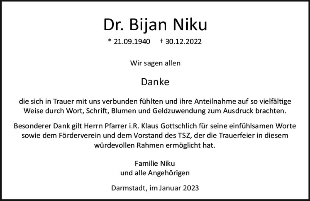  Traueranzeige für Bijan Niku vom 28.01.2023 aus Darmstädter Echo