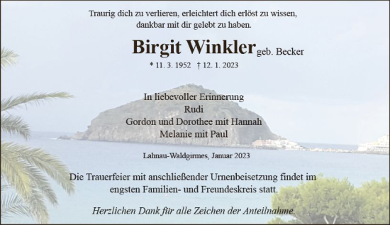 Traueranzeige von Birgit Winkler von Wetzlarer Neue Zeitung