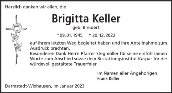 Traueranzeige von Brigitta Keller von Darmstädter Echo