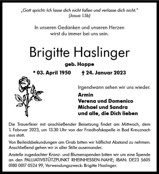 Traueranzeige von Brigitte Haslinger von Allgemeine Zeitung Bad Kreuznach