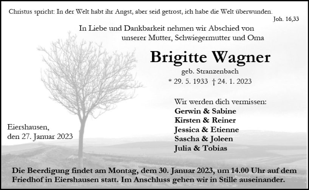  Traueranzeige für Brigitte Wagner vom 27.01.2023 aus Dill Block