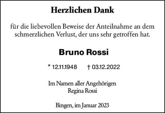 Traueranzeige von Bruno Rossi von Bingen/Ingelheim Wochenblatt inkl. NBZ