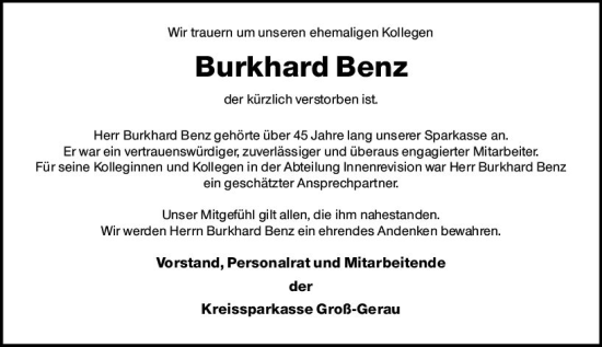Traueranzeige von Burkhard Benz von Rüsselsheimer Echo