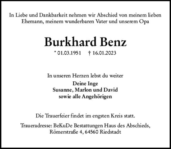 Traueranzeige von Burkhard Benz von Rüsselsheimer Echo