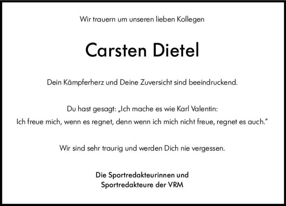  Traueranzeige für Carsten Dietel vom 14.01.2023 aus Wiesbadener Kurier gesamt