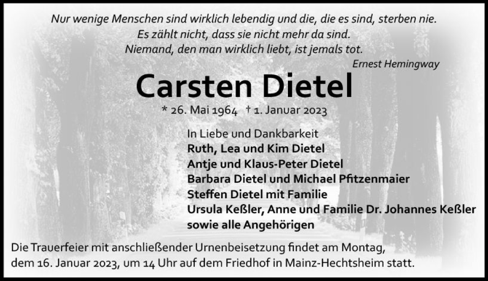  Traueranzeige für Carsten Dietel vom 14.01.2023 aus Wiesbadener Kurier gesamt